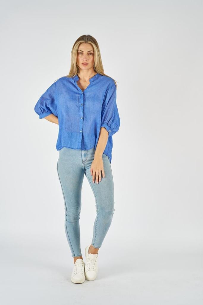 WORTHIER THE LABEL Button Back Linen Shirt - Royal Shirts & Blouses - Zabecca Living