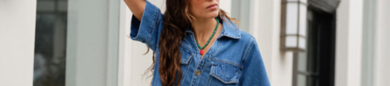 woman wearing ceres life blue denim dress from zabecca living