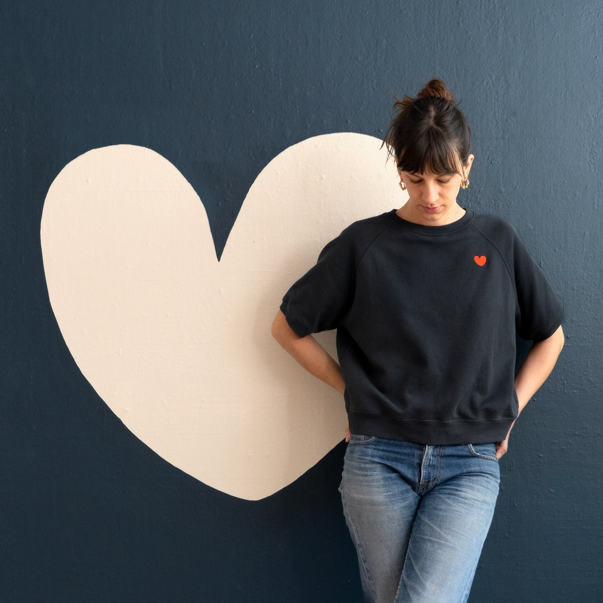 CASTLE AND THINGS French Navy Heart Short Sleeve Sweater