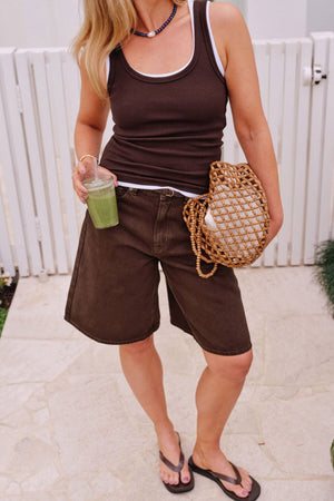 CERES LIFE Olive Belted Denim Short - Chocolate