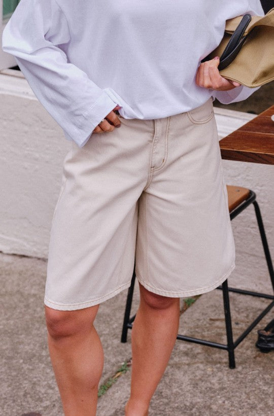 CERES LIFE Olive Belted Denim Short - Fresh Sand