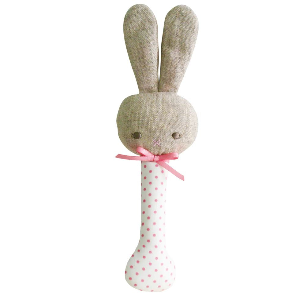 ALIMROSE Baby Bunny Stick Rattle - Pink Spot on Ivory BABY (0-12 Mths) - Zabecca Living