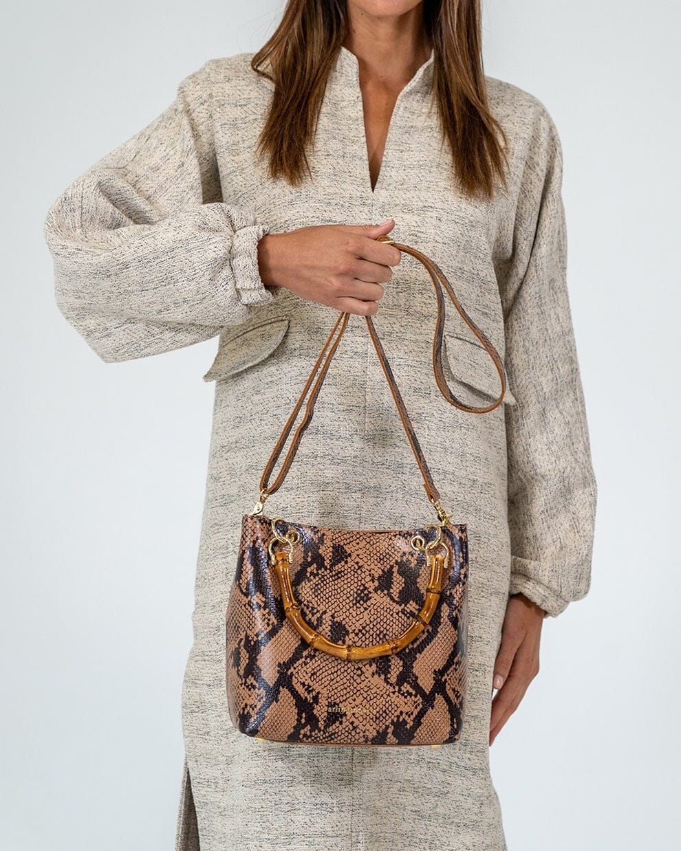 ARLINGTON MILNE Maya Tote - Caramel Python HANDBAG - Zabecca Living
