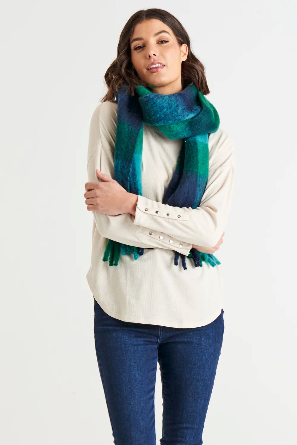 BETTY BASICS Lillian Fluffy Scarf - Green/Blue Check scarf - Zabecca Living