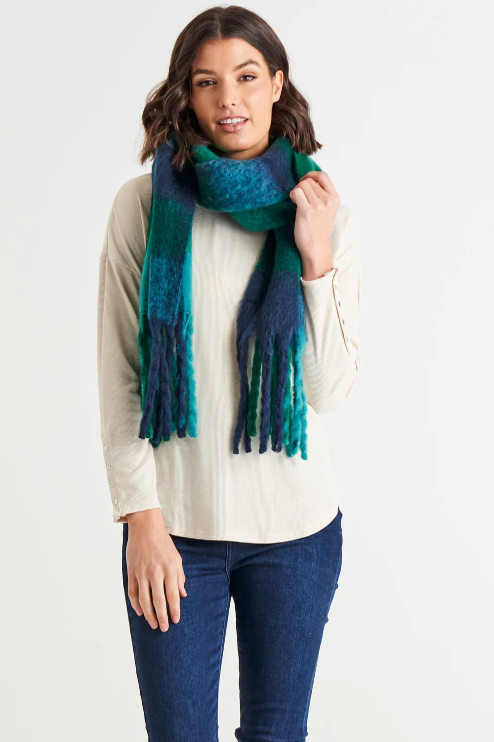 BETTY BASICS Lillian Fluffy Scarf - Green/Blue Check scarf - Zabecca Living