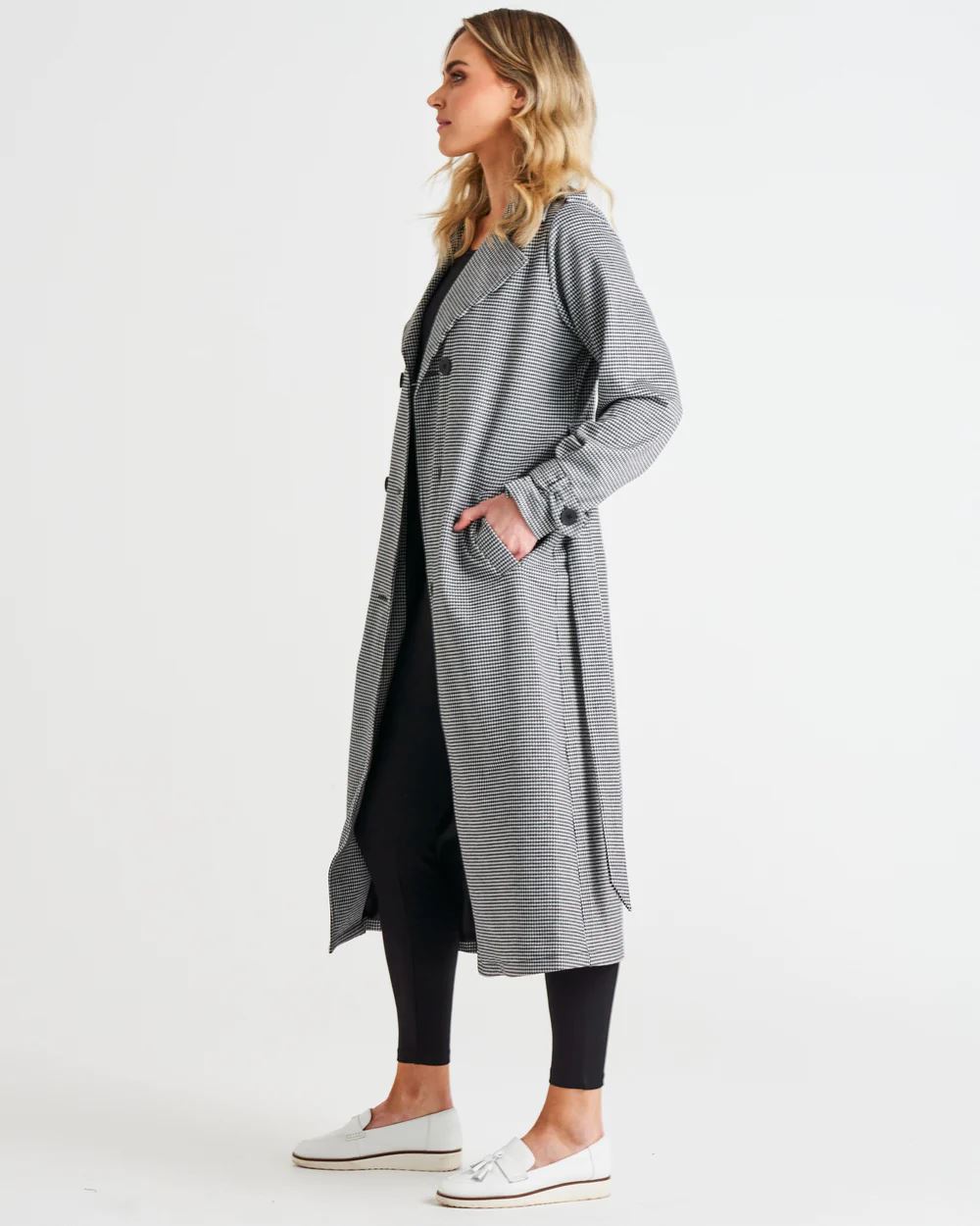 BETTY BASICS Ponte Trench Coat - Black Houndstooth Coat - Zabecca Living