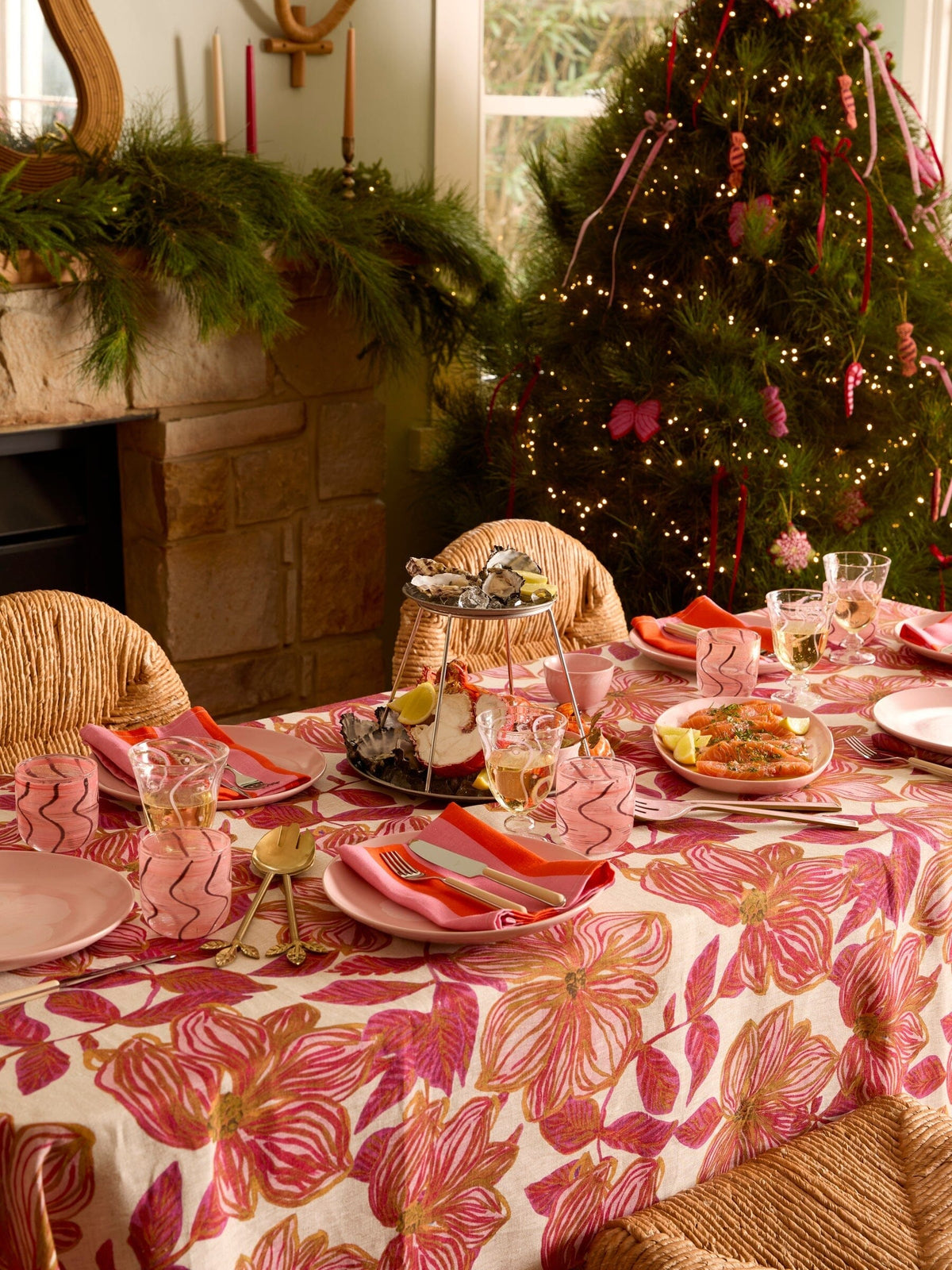 BONNIE &amp; NEIL Azalea Pink Linen Tablecloth - Large Table Runner - Zabecca Living