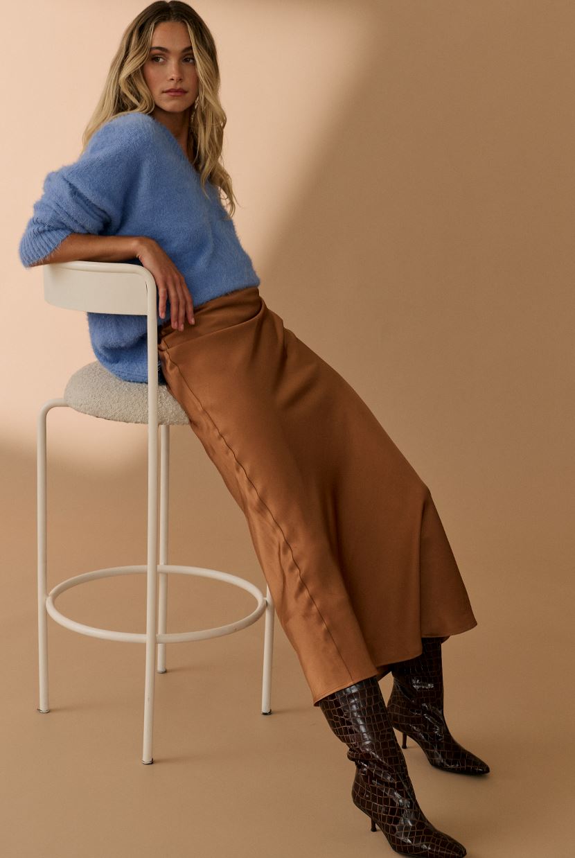 CARTEL & WILLOW Millie Slip Skirt - Golden Satin Skirt - Zabecca Living