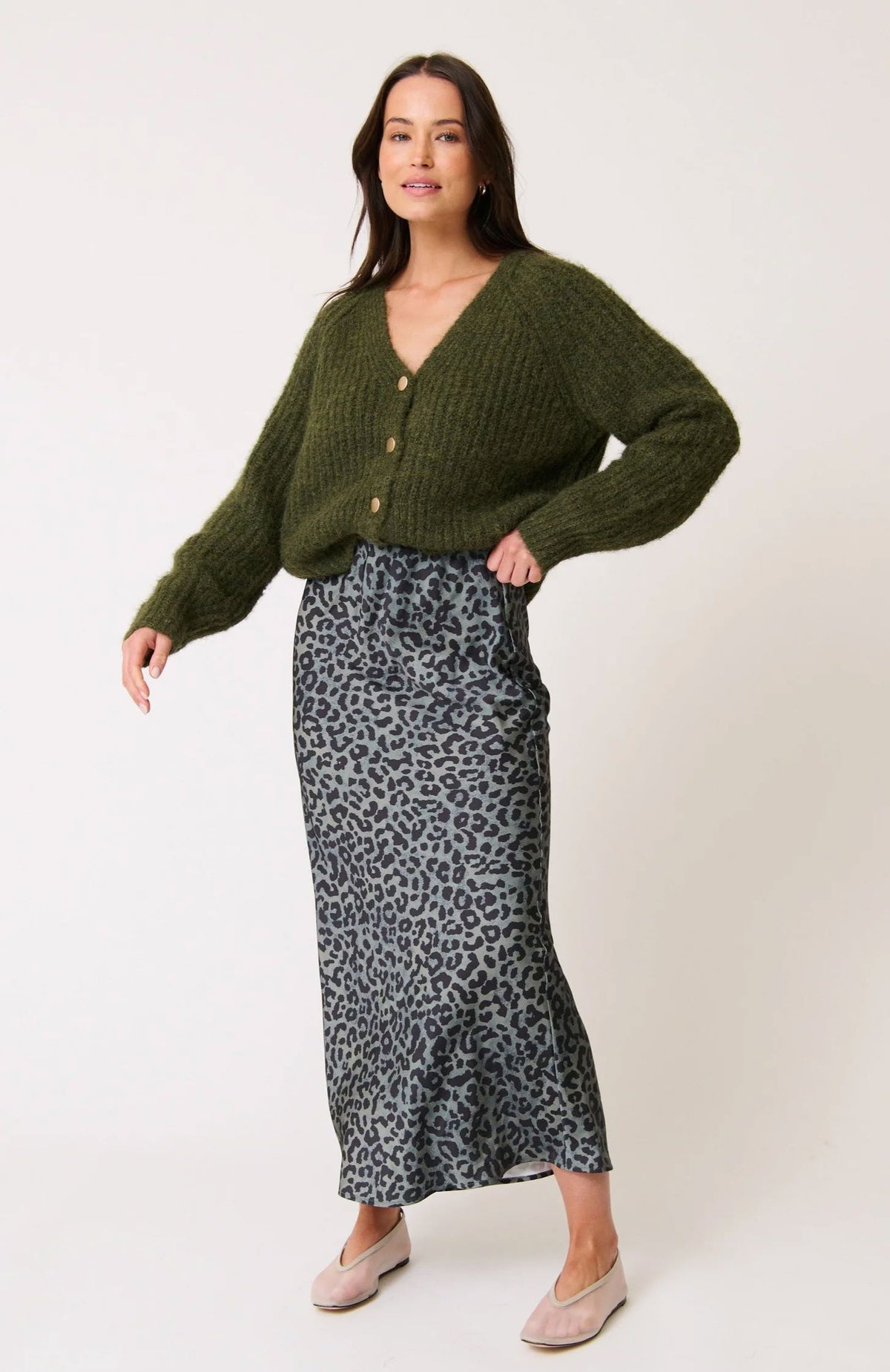 CARTEL &amp; WILLOW Millie Slip Skirt - Khaki Leopard Skirt - Zabecca Living
