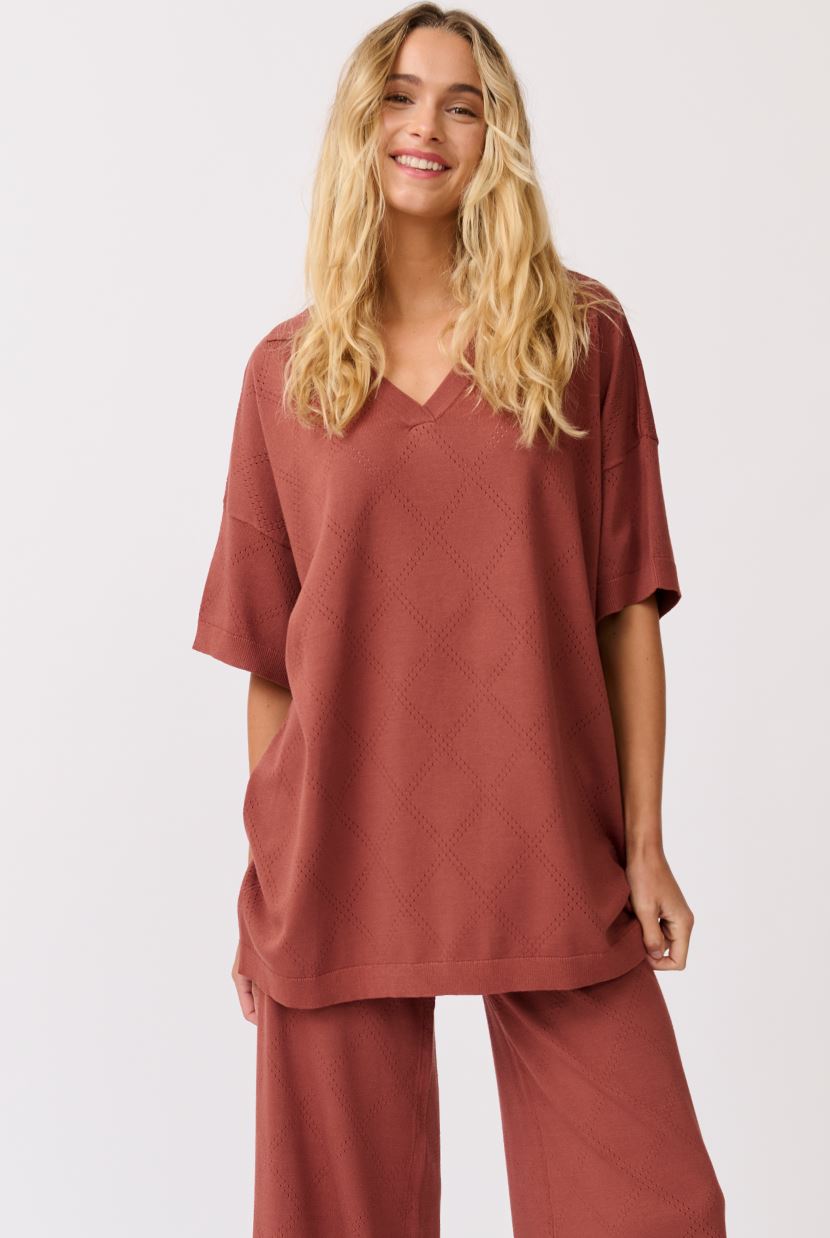 CARTEL & WILLOW Zarelle Collared Tee - Cocoa Knit Tee - Zabecca Living