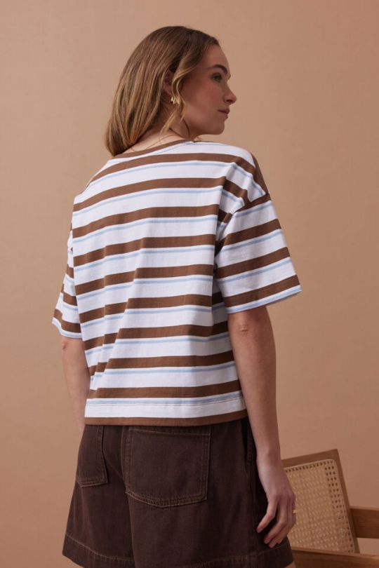 CERES LIFE Boa Boxy Pocket Tee - White / Milk Choc Chalk Stripe Tee - Zabecca Living