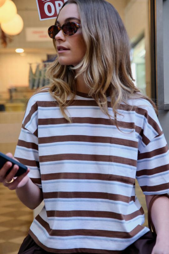 CERES LIFE Boa Boxy Pocket Tee - White / Milk Choc Chalk Stripe Tee - Zabecca Living