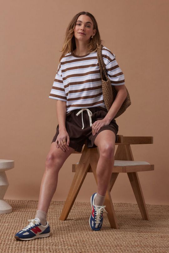 CERES LIFE Boa Boxy Pocket Tee - White / Milk Choc Chalk Stripe Tee - Zabecca Living