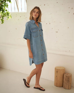 CERES LIFE Bonnie Relaxed Shirt Dress - Vintage Blue Dress - Zabecca Living