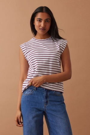 CERES LIFE Esme Extended Shoulder Tee - White / Pomegranate Stripe Tee - Zabecca Living