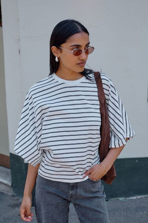 CERES LIFE Lucy Relaxed Sleeve Tee - Vanilla /Phantom Fine Stripe Tee - Zabecca Living