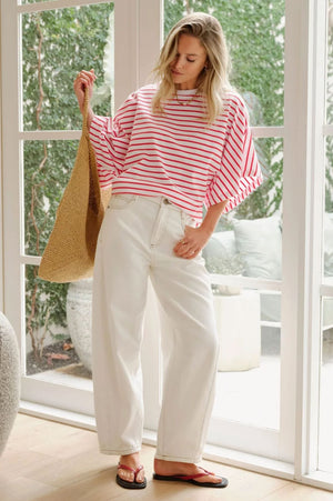 CERES LIFE Lucy Relaxed Sleeve Tee - White / Heritage Red Stripe Tee - Zabecca Living