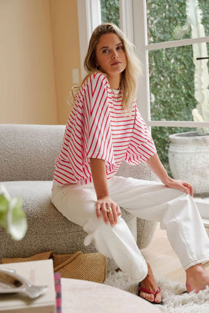 CERES LIFE Lucy Relaxed Sleeve Tee - White / Heritage Red Stripe Tee - Zabecca Living