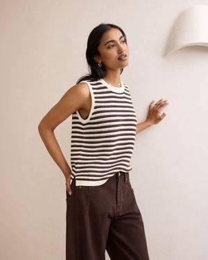 CERES LIFE Maddy Mesh Knit Tank - Brunette Stripe Tank - Zabecca Living