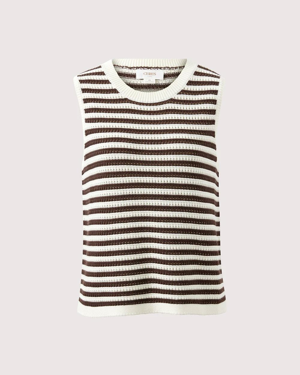 CERES LIFE Maddy Mesh Knit Tank - Brunette Stripe Tank - Zabecca Living