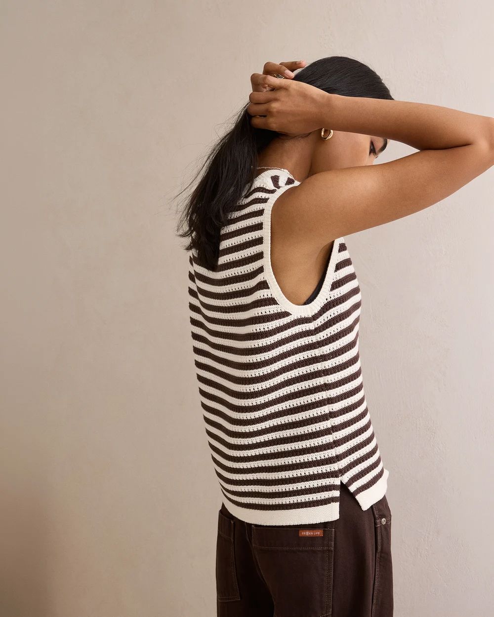 CERES LIFE Maddy Mesh Knit Tank - Brunette Stripe Tank - Zabecca Living