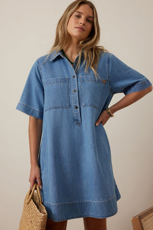 CERES LIFE Milly Short Sleeve Mini Dress - Vintage Blue Dress - Zabecca Living