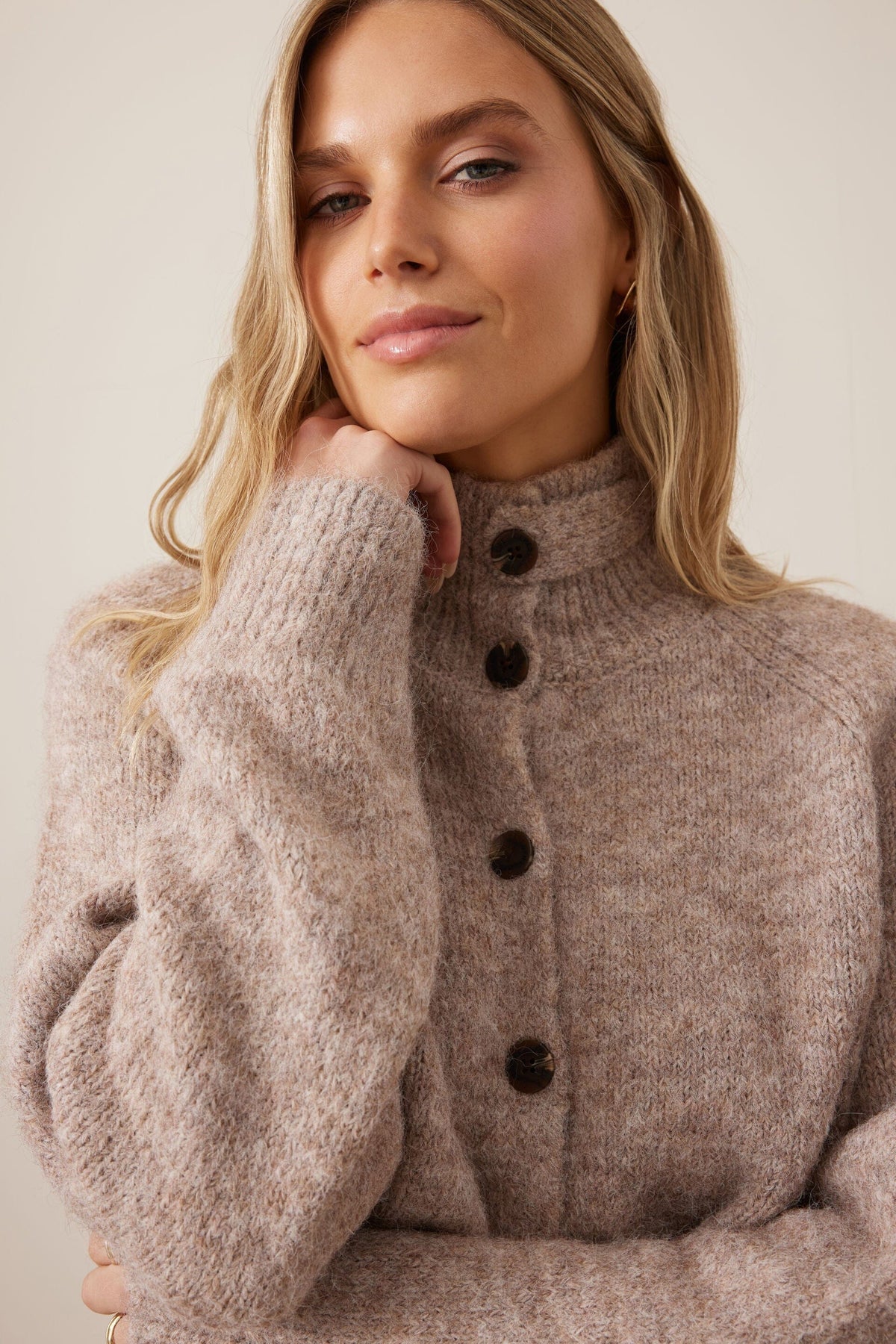 CERES LIFE Riley Funnel Neck Tab Cardi - Oat Marle Jumpers + Knitwear - Zabecca Living