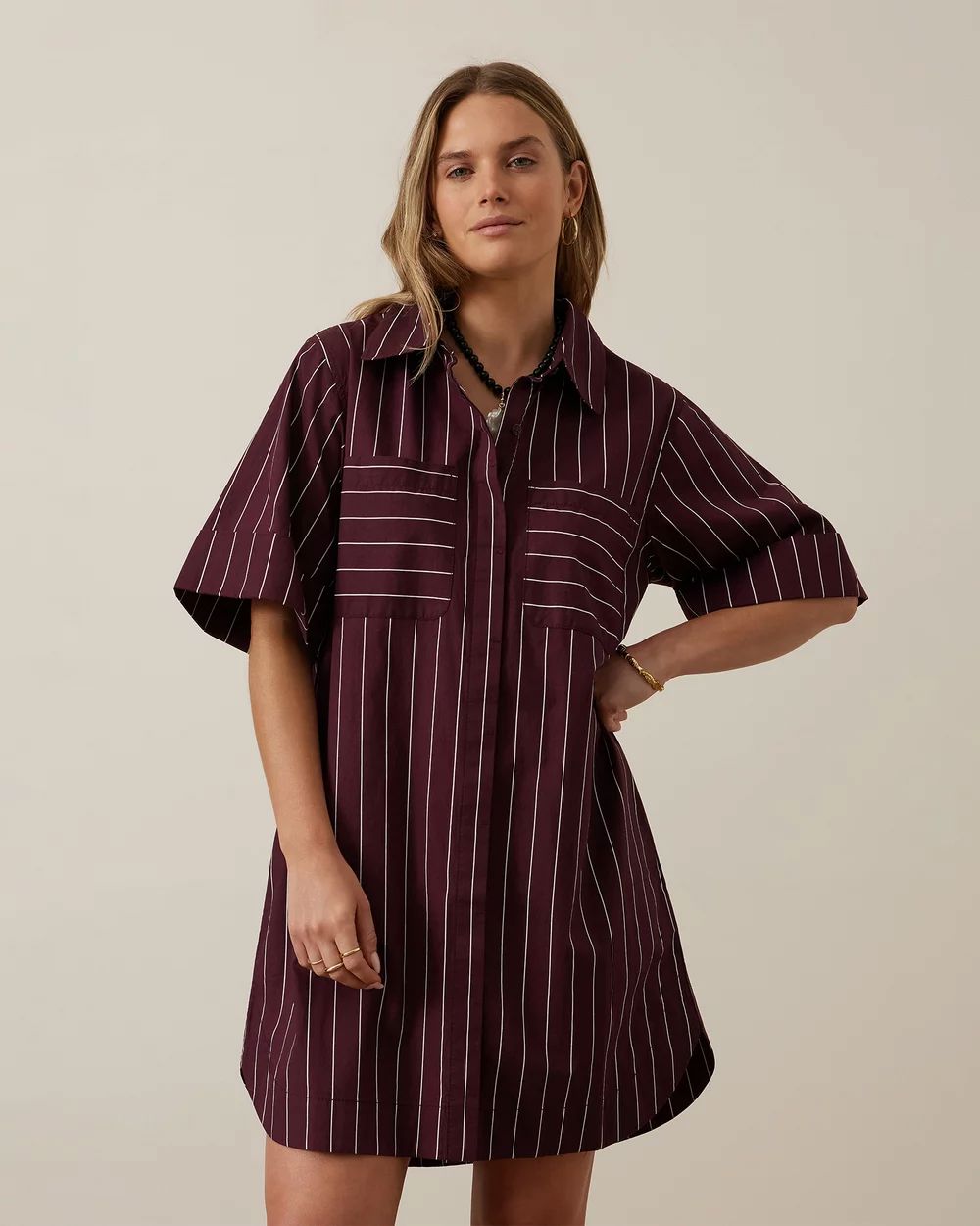 CERES LIFE Sara Mini Shirt Dress - Wine Pinstripe Dress - Zabecca Living