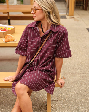 CERES LIFE Sara Mini Shirt Dress - Wine Pinstripe Dress - Zabecca Living