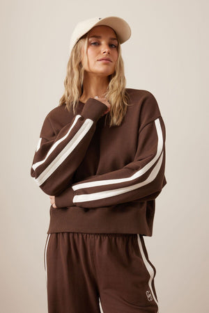 CERES LIFE Sasha Sporty Slouchy Crew - Chocolate Side Stripe Jumpers + Knitwear - Zabecca Living