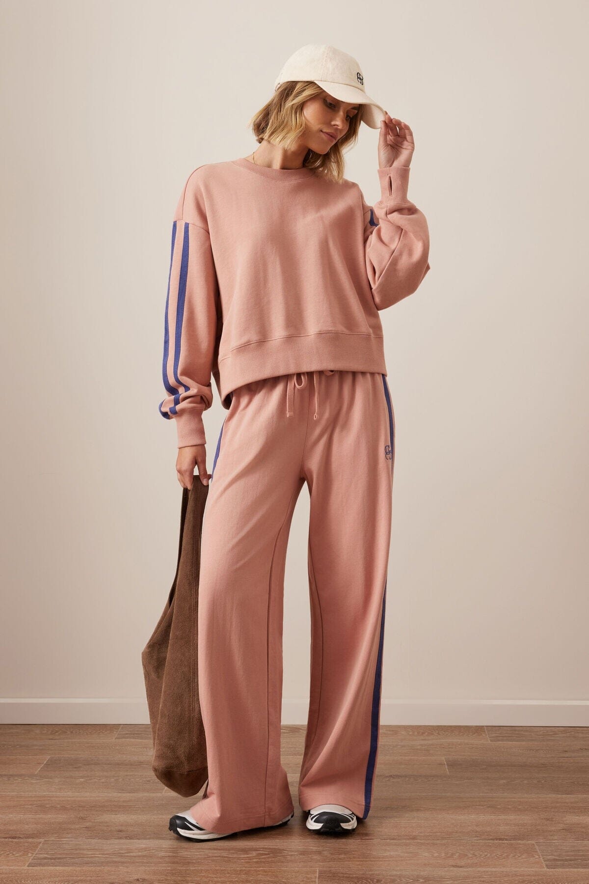 CERES LIFE Sasha Sporty Slouchy Crew - Pink Clay Washed Navy Side Stripe Jumpers + Knitwear - Zabecca Living