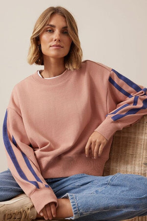 CERES LIFE Sasha Sporty Slouchy Crew - Pink Clay Washed Navy Side Stripe Jumpers + Knitwear - Zabecca Living
