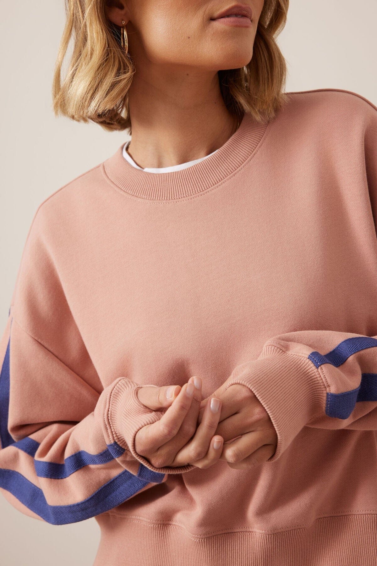 CERES LIFE Sasha Sporty Slouchy Crew - Pink Clay Washed Navy Side Stripe Jumpers + Knitwear - Zabecca Living