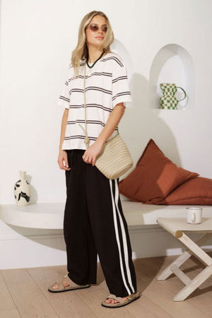 CERES LIFE Stevie Slouchy Split Hem Tee - Vanilla / Phantom Double Stripe Tee - Zabecca Living