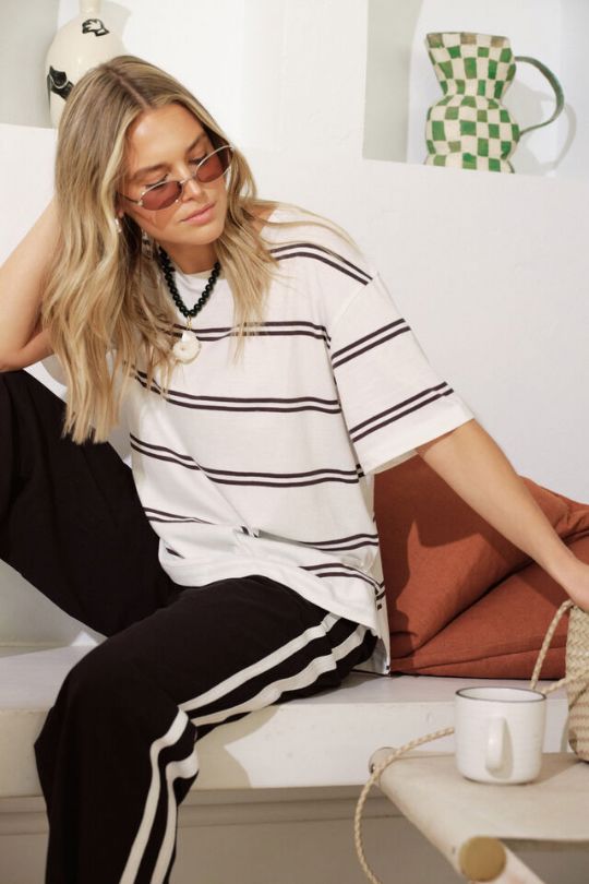 CERES LIFE Stevie Slouchy Split Hem Tee - Vanilla / Phantom Double Stripe Tee - Zabecca Living