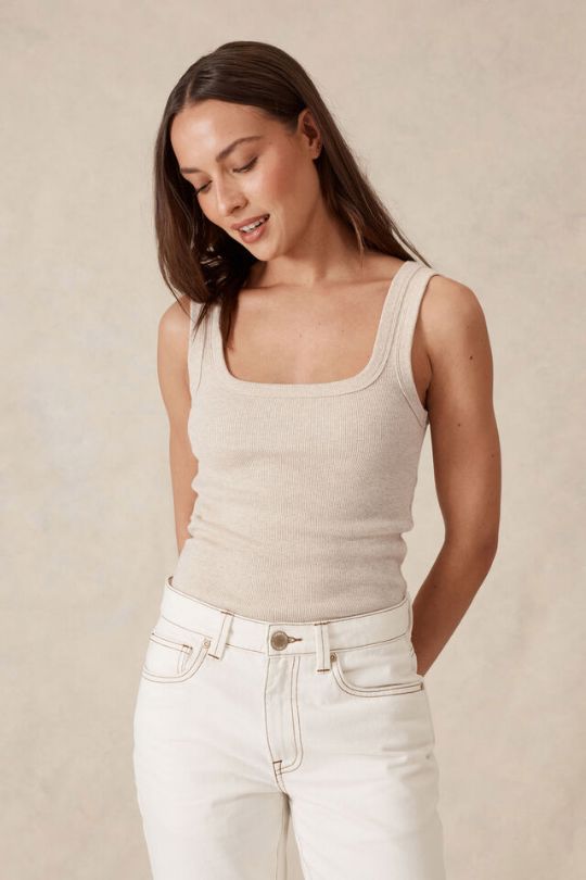 CERES LIFE Zaeli Contour Rib Square Neck Tank - Oatmeal / Marle Tank - Zabecca Living
