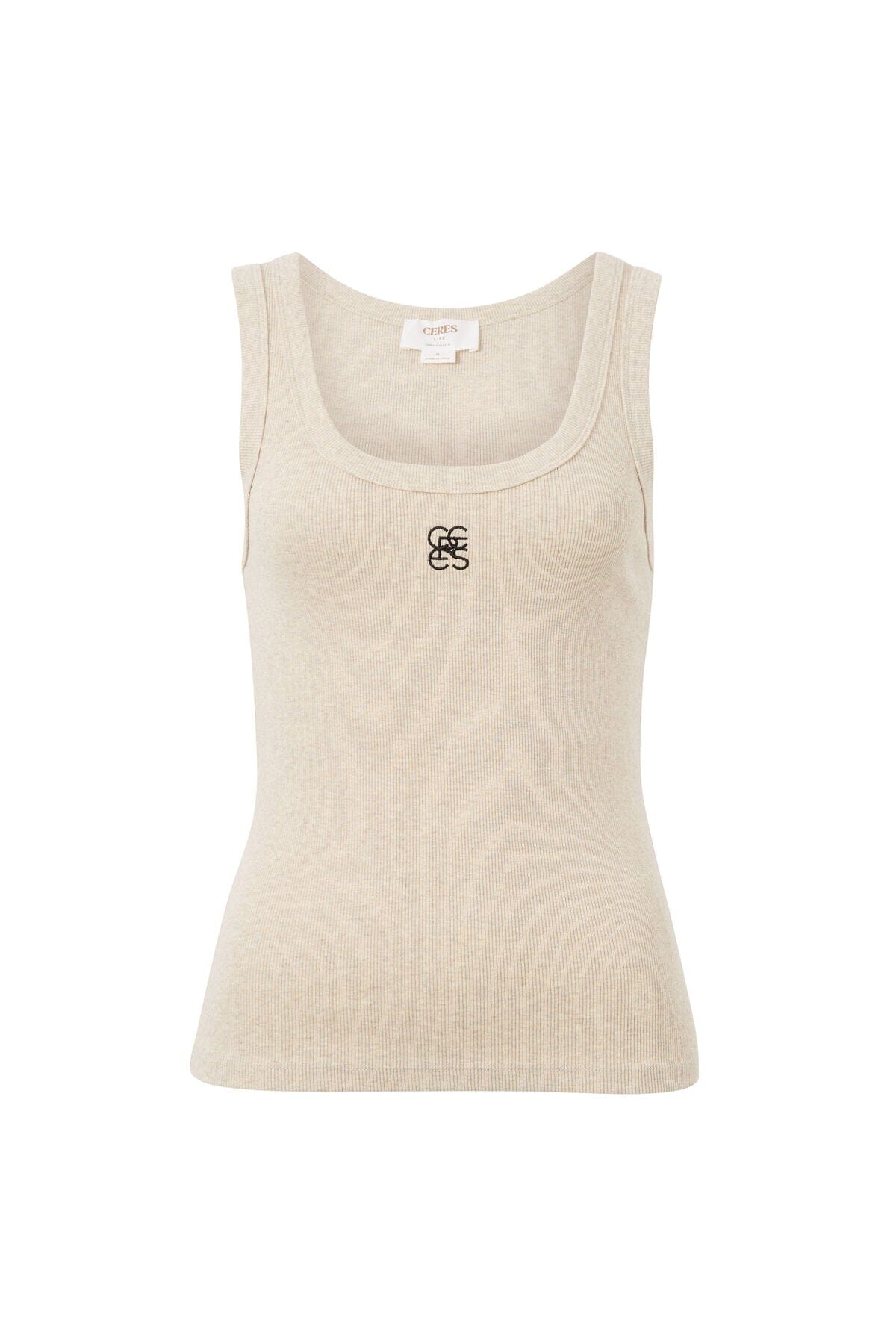 CERES LIFE Zoe Contour Rib Scoop Tank - Beige / Black Monogram Tank - Zabecca Living