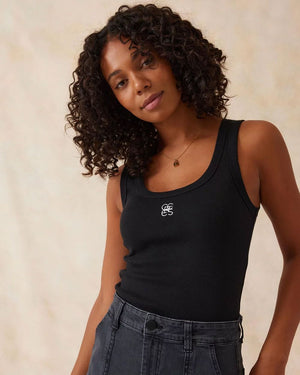 CERES LIFE Zoe Contour Rib Scoop Tank - Black / White Monogram Tank - Zabecca Living