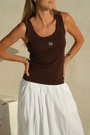 CERES LIFE Zoe Contour Rib Scoop Tank - Chocolate / White Monogram Tank - Zabecca Living