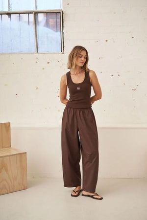 CERES LIFE Zoe Contour Rib Scoop Tank - Chocolate / White Monogram Tank - Zabecca Living