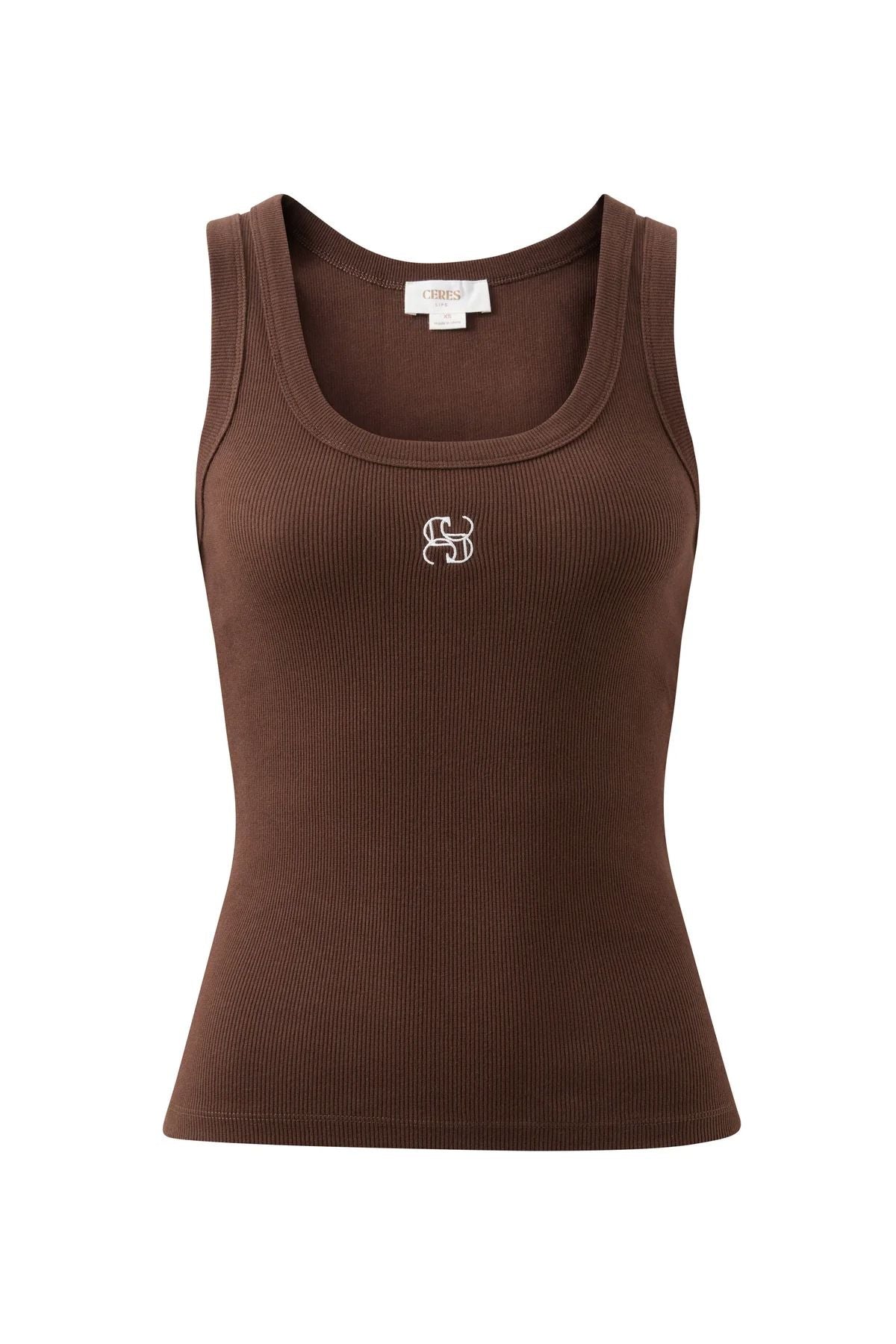 CERES LIFE Zoe Contour Rib Scoop Tank - Chocolate / White Monogram Tank - Zabecca Living
