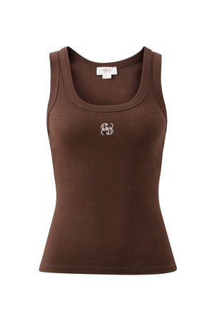 CERES LIFE Zoe Contour Rib Scoop Tank - Chocolate / White Monogram Tank - Zabecca Living