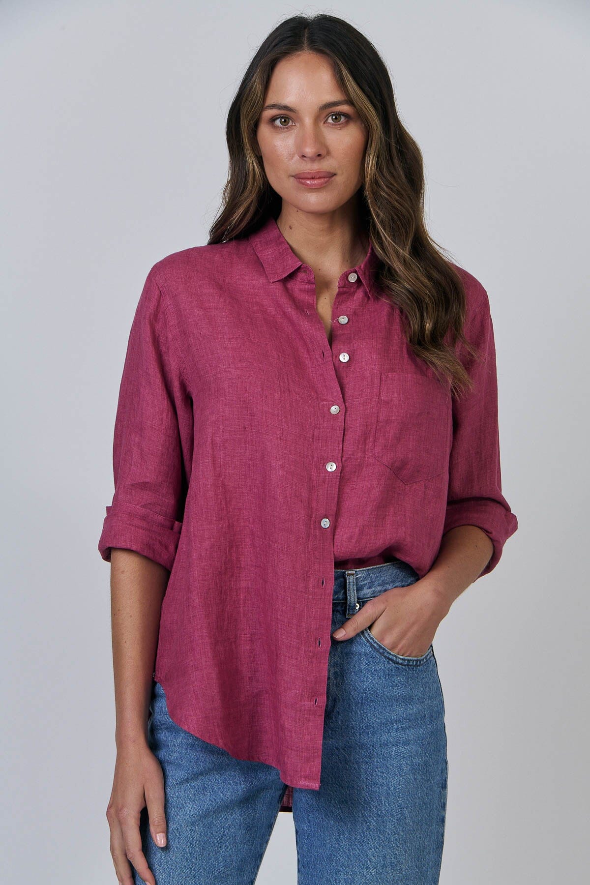 ENVELOPPE Linen Boyfriend Shirt - Bordeaux Shirts & Blouses - Zabecca Living