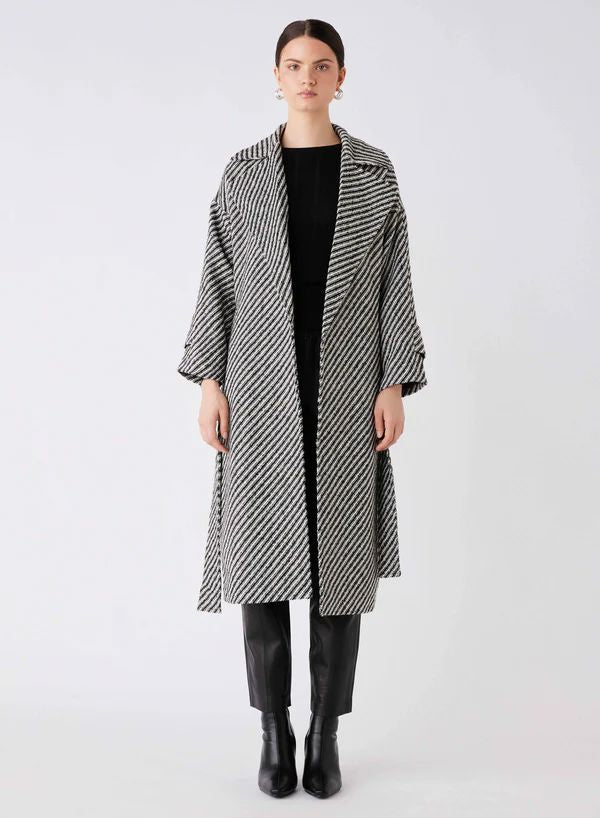 ESMAEE Solo Wrap Coat - Black / White Diagonal Coat - Zabecca Living