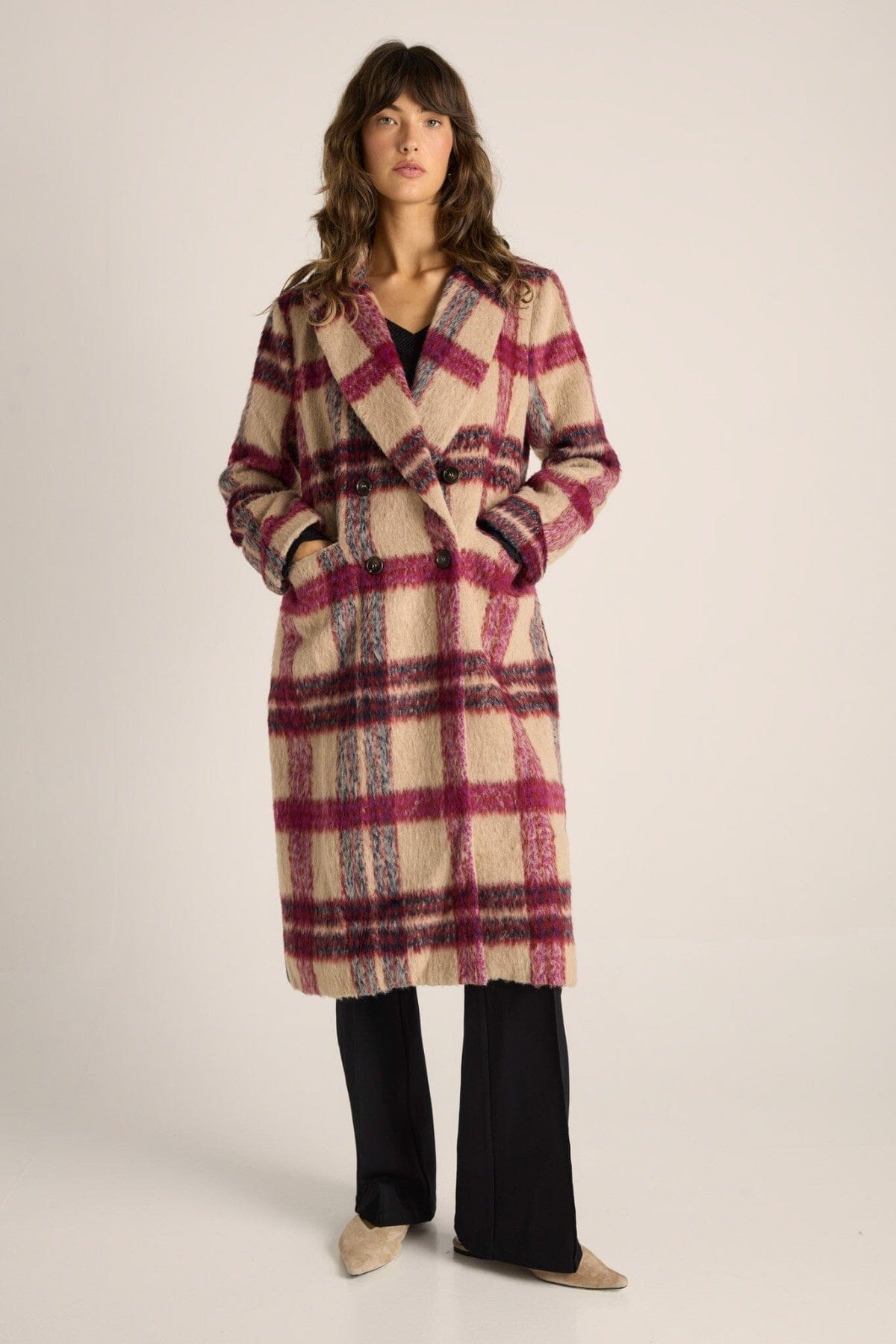 FATE &amp; BECKER Harlow Check Longline Coat - Pink Check Coat - Zabecca Living