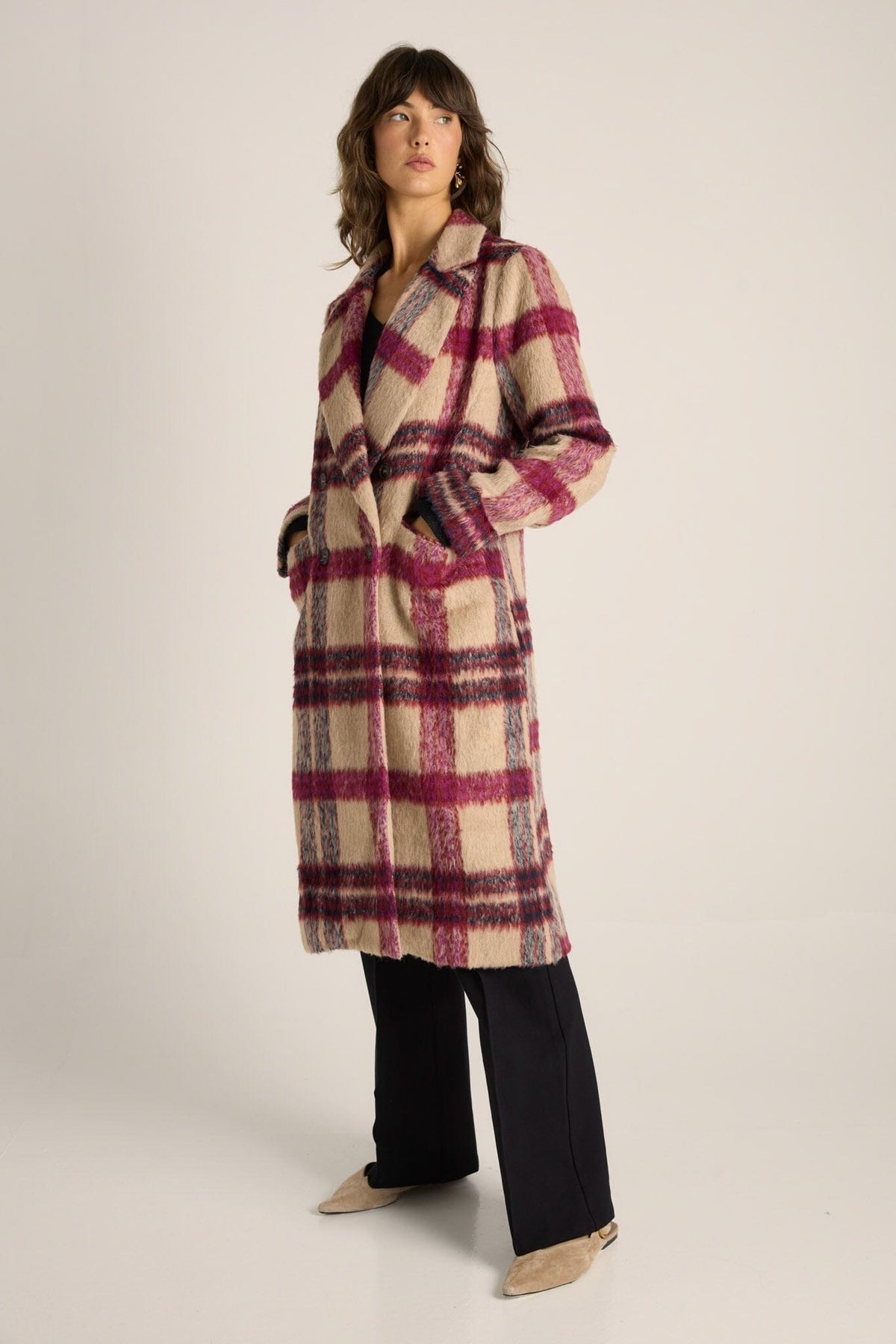 FATE &amp; BECKER Harlow Check Longline Coat - Pink Check Coat - Zabecca Living