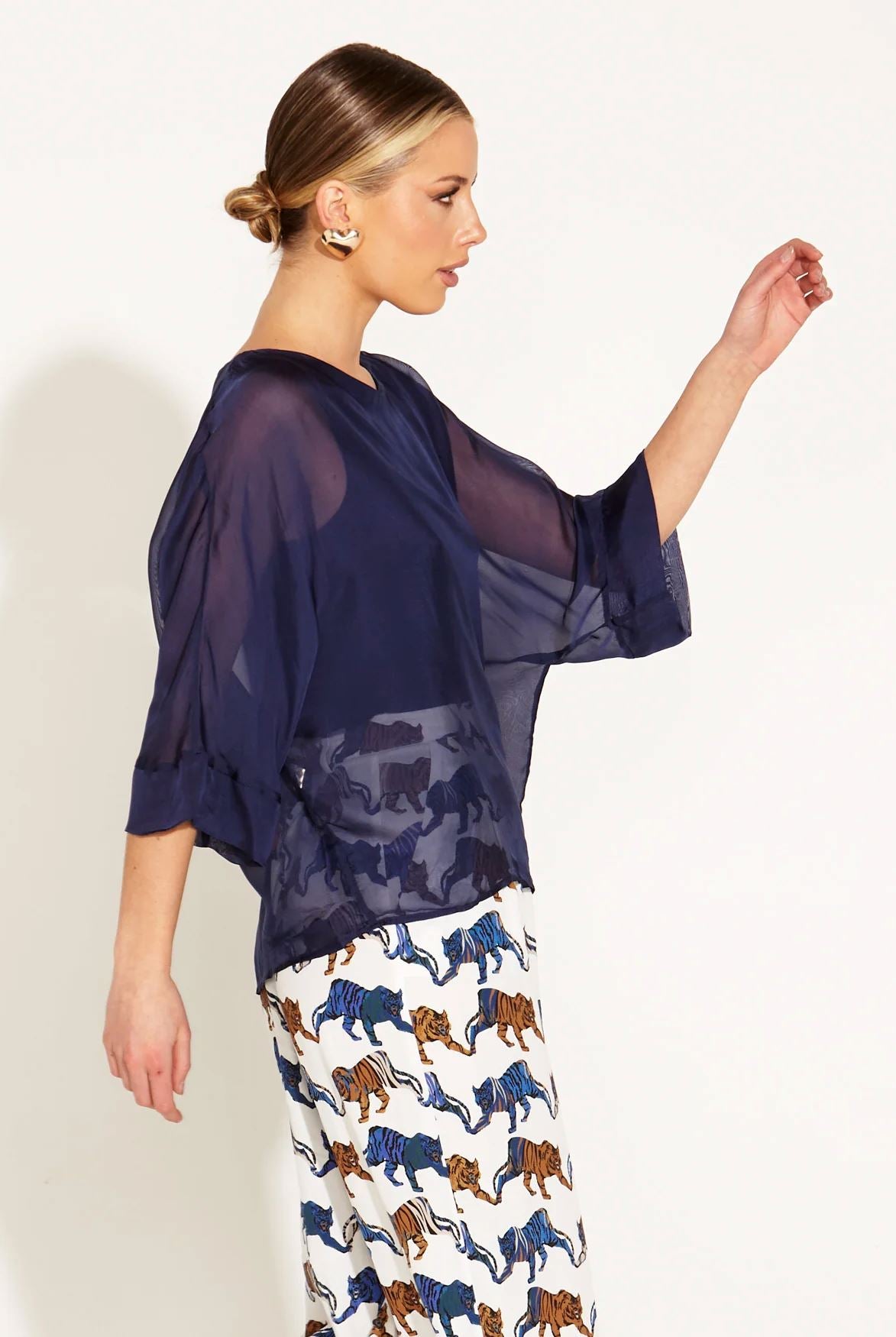 FATE &amp; BECKER Sunlight And Shadow Silk Top - Navy Shirts &amp; Blouses - Zabecca Living
