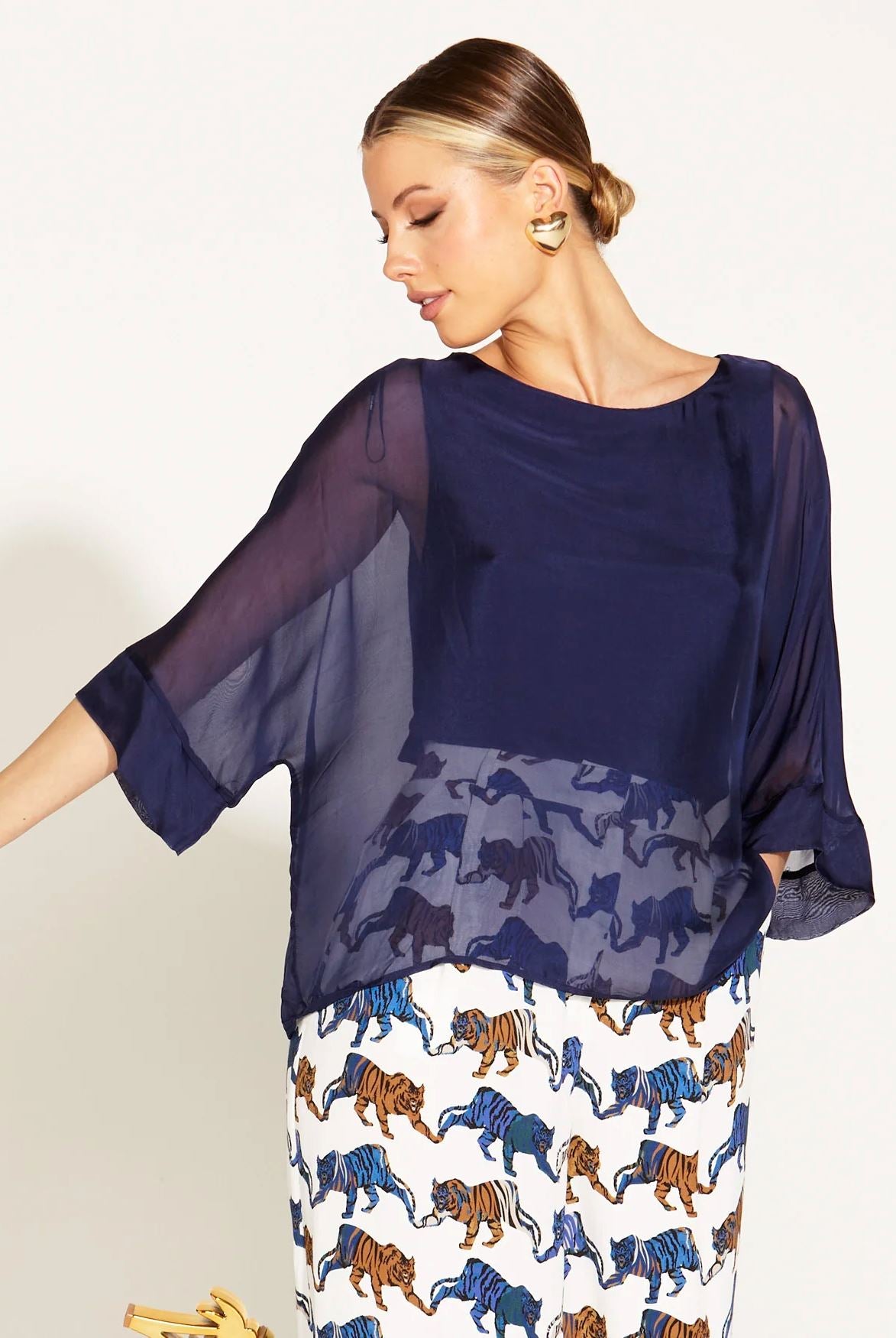 FATE &amp; BECKER Sunlight And Shadow Silk Top - Navy Shirts &amp; Blouses - Zabecca Living