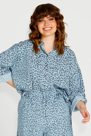 FATE & BECKER Zahila Shirt - Denim Cheetah Shirts & Blouses - Zabecca Living