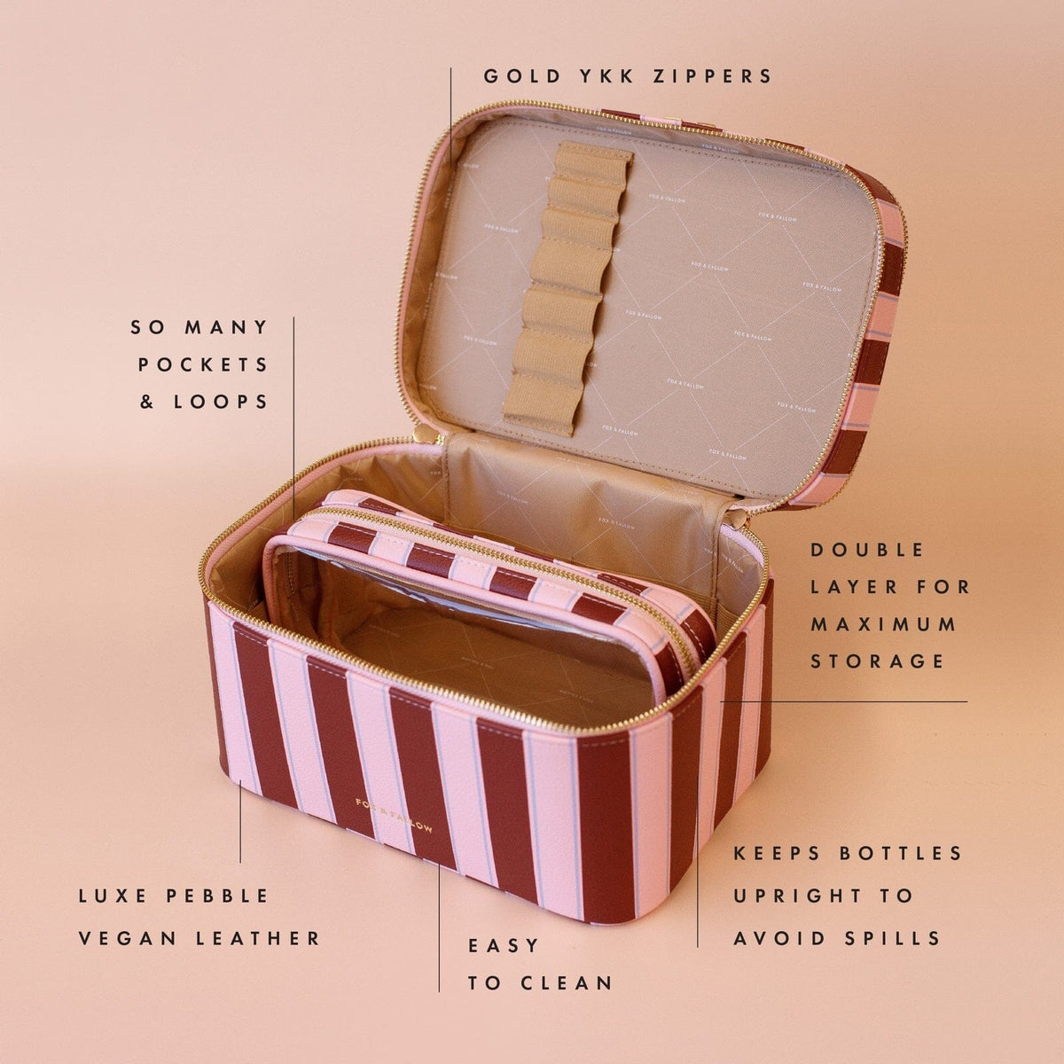 FOX & FALLOW Burgundy Stripe Vanity Case COSMETIC BAG - Zabecca Living